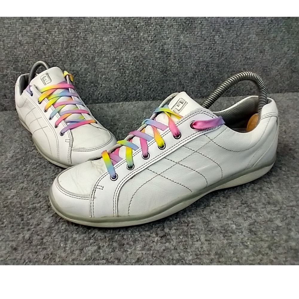 FootJoy LoPro Golf Shoes Womens 8.5 N White Leather Rainbow Laces 97065